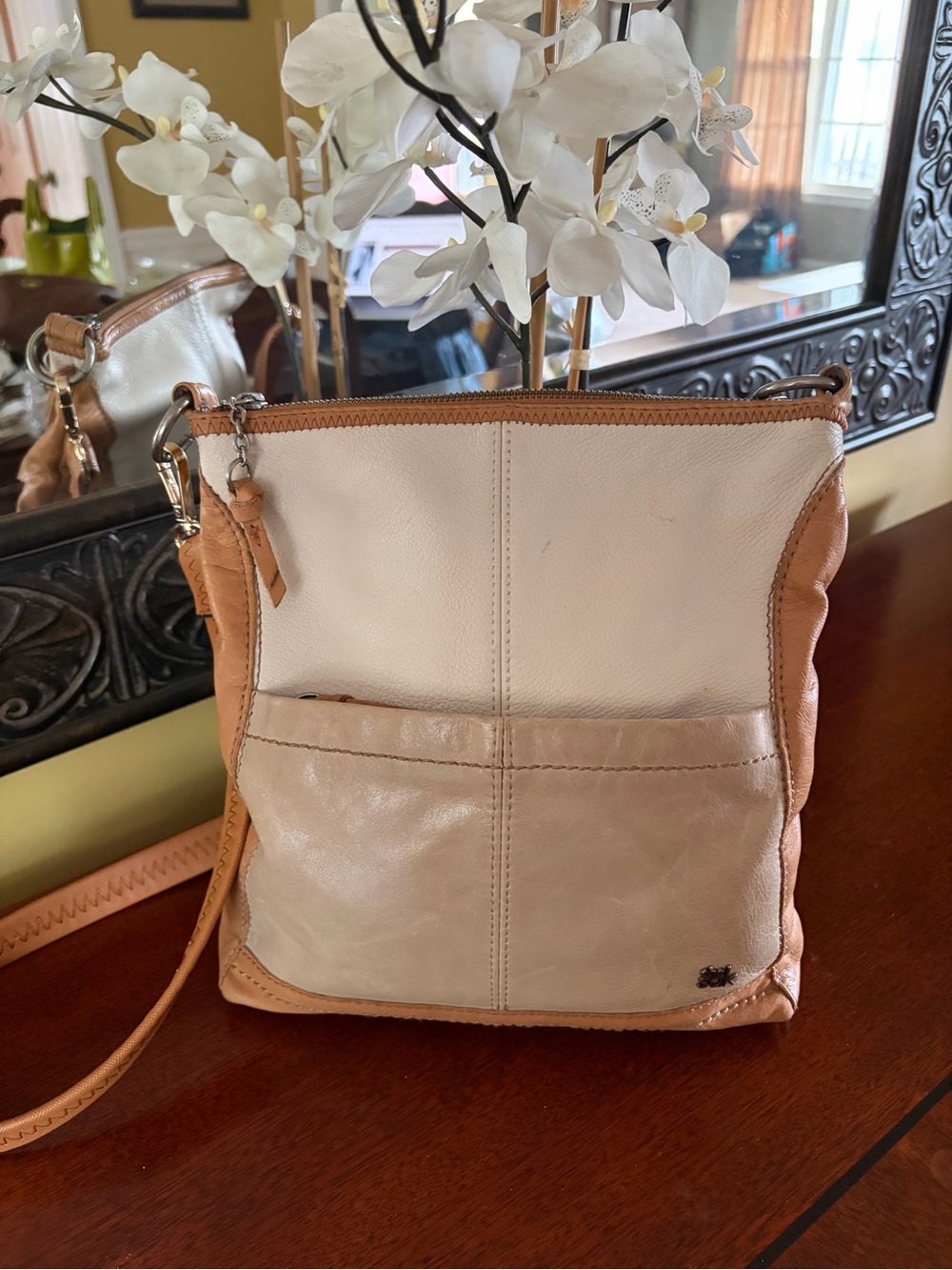 The Sak Two-Tone Cream and Tan Leather Crossbody Bag